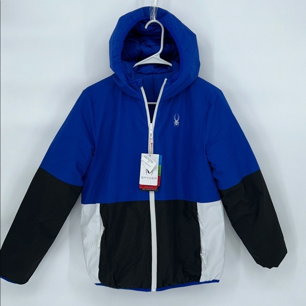 New Spyder Big Boys Reversible Puffer Jacket Blue Hooded Size L 14 16 - Picture 8 of 12